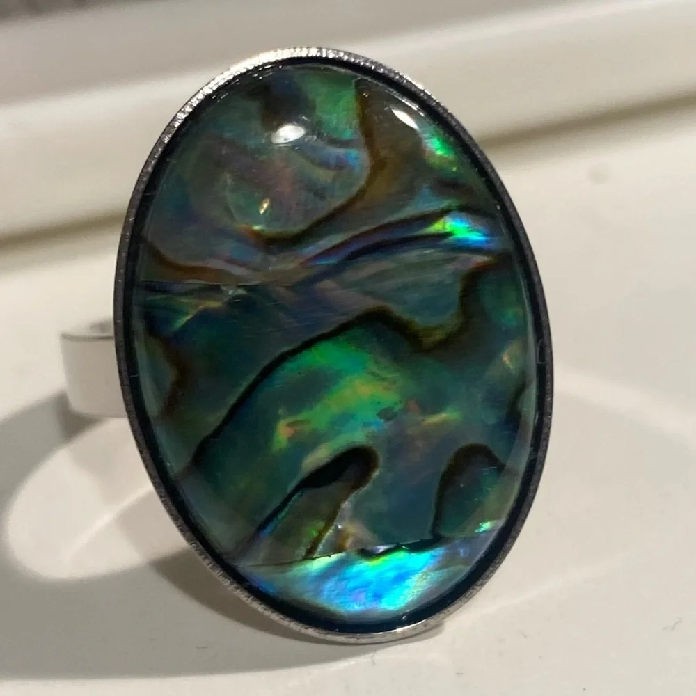 NEW Oversized Abalone Statement Ring Silver Boho Iridescent Shell Jewelry GIFT